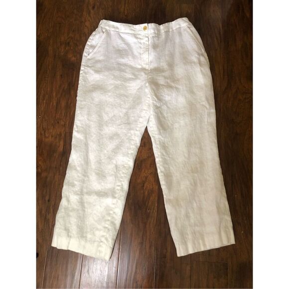 Talbots Linen Pants Womans 12 White Button Zip Tapered Leg - Picture 6 of 12